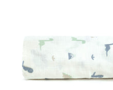 Load image into Gallery viewer, Blue Dinos Muslin Swaddle Blanket, 100% Certified Organic Cotton