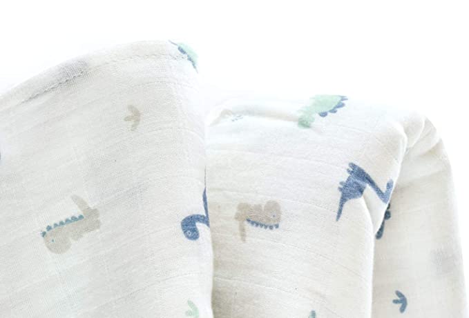 Blue Dinos Muslin Swaddle Blanket, 100% Certified Organic Cotton